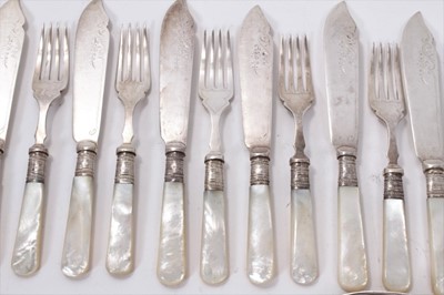 Lot 288 - Set of six pairs of 1920s plated fish eaters and matching servers with mother of pearl handles