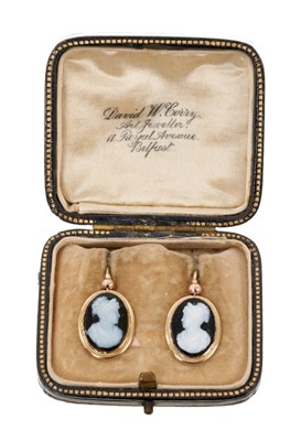 Lot 504 - Pair of mid 19th century gold mounted hardstone oval cameo earrings in box