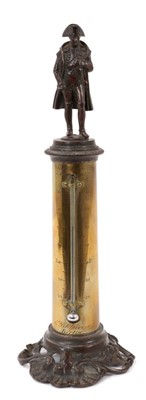 Lot 790 - 19th century Continental desk thermometer, in the form of an architectural column with bronze Napoleon sculpture to the plateau, engraved scale to the brass column, signed E Petitpierre, Berlin, on...