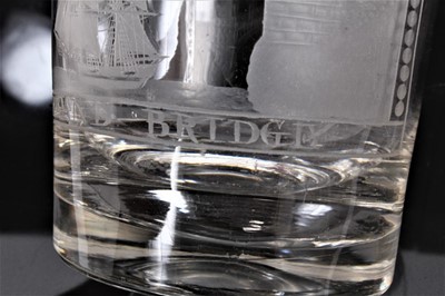 Lot 142 - Early 19th century Sunderland Bridge large tumbler engraved with boat, bridge, border and initials, Polished pontil 11cm tall 9.3cm width