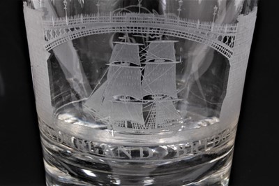 Lot 142 - Early 19th century Sunderland Bridge large tumbler engraved with boat, bridge, border and initials, Polished pontil 11cm tall 9.3cm width