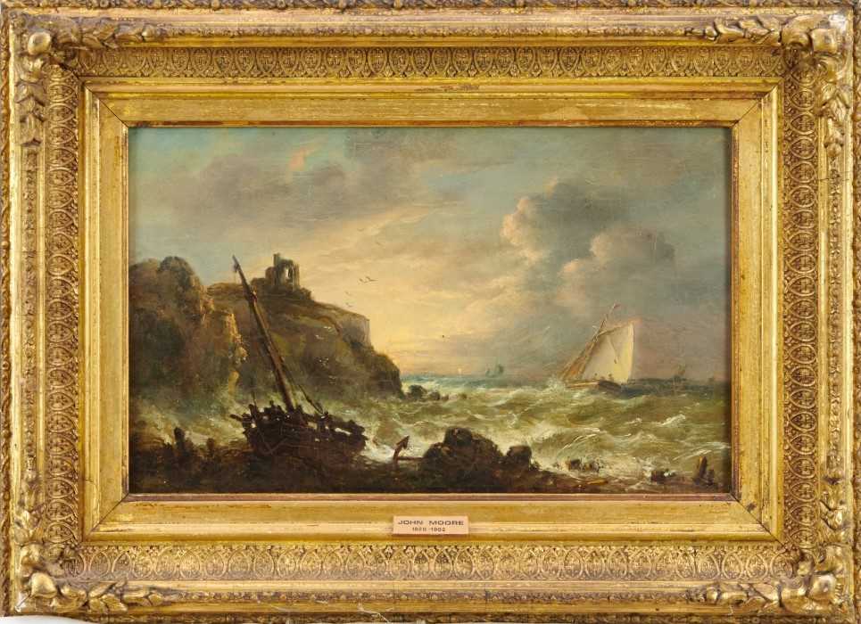 Lot 916 - John Moore of Ipswich (1820-1902) oil on panel - Off the Northumbrian Coast, apparently unsigned, 19.5cm x 30.5cm, in gilt frame