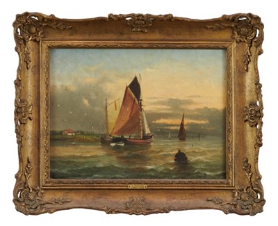 Lot 920 - John Moore of Ipswich (1820-1902) oil on canvas - Barges on the River, signed, 23cm x 30cm, in gilt frame