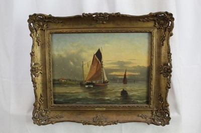 Lot 920 - John Moore of Ipswich (1820-1902) oil on canvas - Barges on the River, signed, 23cm x 30cm, in gilt frame