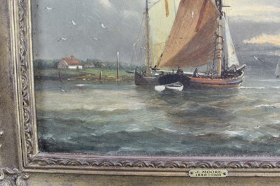 Lot 920 - John Moore of Ipswich (1820-1902) oil on canvas - Barges on the River, signed, 23cm x 30cm, in gilt frame