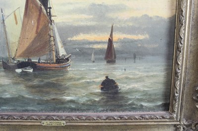 Lot 920 - John Moore of Ipswich (1820-1902) oil on canvas - Barges on the River, signed, 23cm x 30cm, in gilt frame