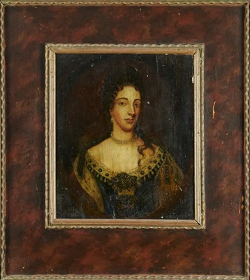 Lot 1184 - After Willem Wissing (1656-1687), 18th century oil on panel - Portrait of Queen Mary II, 29 x 24.5cm, in faux tortoiseshell frame