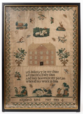 Lot 824 - Good early Victorian sampler by Elizabeth Reed, May 1844, centred by Country House, and with scattered animal and foliate devices, with didactic verse, in meander border and glazed frame, 46 x 33cm