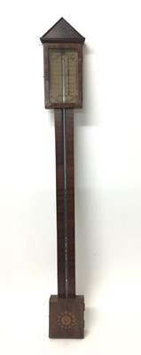 Lot 888 - Early 19th century stick barometer with printed paper dial dated 1837 with architectural pediment and inlaid mahogany case 95 cm high