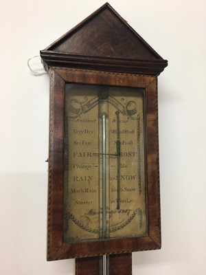 Lot 888 - Early 19th century stick barometer with printed paper dial dated 1837 with architectural pediment and inlaid mahogany case 95 cm high