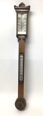 Lot 683 - Victorian stick barometer with stencilled opaque glass dials in oak case 100cm high