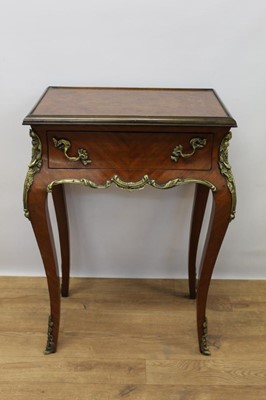 Lot 1280 - Louis XVI style gilt metal mounted parquetry side table, with dished rectangular top and single drawer on cabriole legs, 53cm wide x 35cm deep x 75cm high