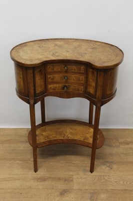 Lot 1281 - Continental burr wood crossbanded kidney shaped side table, with gallery top and three frieze drawers on slender cabriole legs united by shelf undertier, 55cm wide x 28cm deep x 72cm high