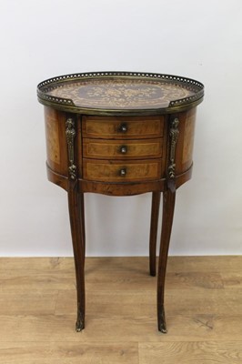 Lot 1282 - Continental burr wood and marquetry inlaid oval form side table, with pierced brass gallery and three short drawers on slender cabriole legs, 43cm wide x 31cm deep x 73cm high