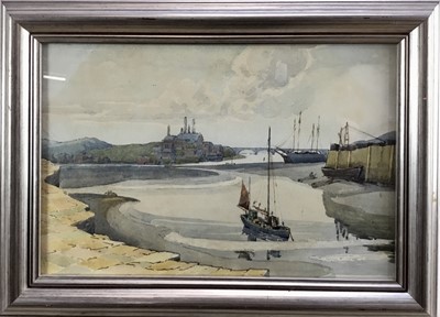 Lot 192 - English School, mid 20th century, ink and watercolour - Harbour view, dated 1946 to frame, 21.5cm x 32.5cm, in glazed frame