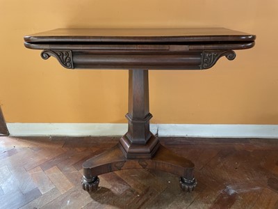 Lot 1215 - 19th century rosewood card table on faceted column and trefoil base with fluted feet, 90cm wide