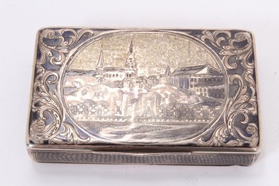 Lot 314 - Imperial Russian silver niellowork snuff box decorated with castle scenes and floral scrollwork , 84 standard mark, dated 1844, 8 x 5 x1.5cm and another (2)