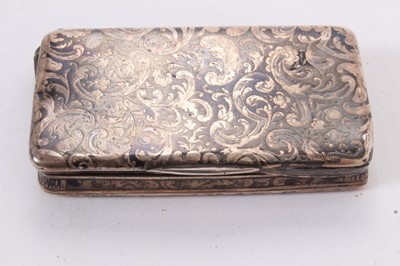 Lot 314 - Imperial Russian silver niellowork snuff box decorated with castle scenes and floral scrollwork , 84 standard mark, dated 1844, 8 x 5 x1.5cm and another (2)