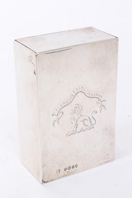 Lot 318 - Good quality Victorian silver table match box with engraved Rushbrooke lion crest and inscription to reverse, striker to side, ( London 1884) 7.5 x 5 x 2.5 cm
