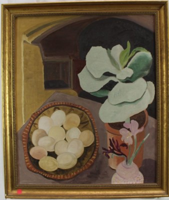 Lot 1138 - M. Inez Shepherd after Cedric Morris oil on canvas - Still life study, 51cm x 61cm, unsigned, in gilt framed