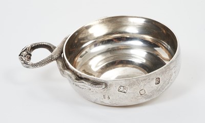 Lot 300 - Contemporary silver wine taster of circular form with intertwined Serpent handle, (London 1965), maker Richard Comyns, all at 4ozs, 11.5cm in length