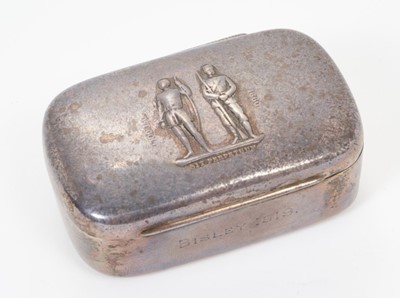 Lot 301 - George V silver tobacco box of oval form with gilded interior and embossed National Rifle Association badge to lid, with Bisley 1919 engraved to front, (London 1903), maker Elkington & Co Ltd, 8cm...
