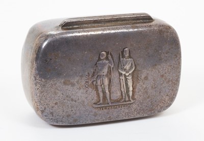 Lot 301 - George V silver tobacco box of oval form with gilded interior and embossed National Rifle Association badge to lid, with Bisley 1919 engraved to front, (London 1903), maker Elkington & Co Ltd, 8cm...
