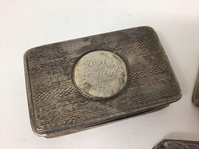 Lot 302 - Edwardian silver snuff box of rectangular form with engine turned decoration and later inscription to lid, together with a Victorian silver Vinaigrette (Birmingham 1847) and a silver plated snuff b...