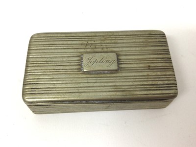 Lot 302 - Edwardian silver snuff box of rectangular form with engine turned decoration and later inscription to lid, together with a Victorian silver Vinaigrette (Birmingham 1847) and a silver plated snuff b...