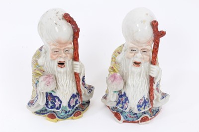 Lot 131 - A pair of Chinese famille rose figures of Shou Lao, probably Republic period, together with a snuff bottle painted in iron red with the Eight Horses of Wang Mu, and a Nanking Cargo tea bowl and sau...