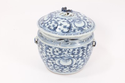 Lot 132 - A 19th century Chinese blue and white bowl and cover, together with two prunus jars, circa 1900 (one with cover)