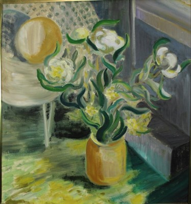 Lot 1139 - M. Inez Shepherd oil on canvas - 'White Peonies' dated 1971, 76cm x 71.5cm, monogrammed and signed verso, framed, together with another work by the same hand, 41cm x 51cm, unsigned