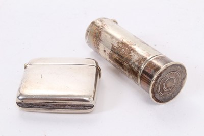 Lot 321 - Edwardian novelty white metal shotgun cartridge vesta/pill box 6cm and silver vesta case (2)