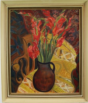 Lot 1140 - M. Inez Shepherd oil on canvas - red gladioli in a jug, 61cm x 51cm, unsigned, framed