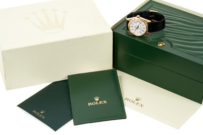 Lot 608 - Gentlemen's Rolex gold 18ct Oyster Perpetual Date wristwatch with white dial, Roman numerals and gilt batons on Rolex black crocodile strap with gilt Rolex buckle in Rolex box and outer case with m...