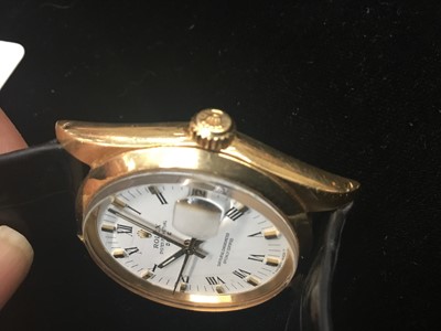 Lot 608 - Gentlemen's Rolex gold 18ct Oyster Perpetual Date wristwatch with white dial, Roman numerals and gilt batons on Rolex black crocodile strap with gilt Rolex buckle in Rolex box and outer case with m...