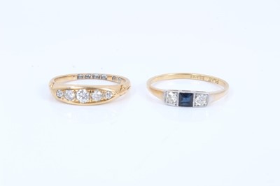 Lot 537 - Late Victorian 18ct gold diamond five stone ring and a 1920s sapphire and diamond three stone ring (2)