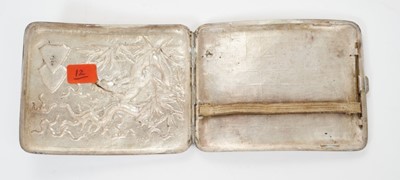 Lot 341 - Late 19th/early 20th century Chinese white metal cigarette case, the cover with raised Dragon decoration and vacant cartouche, the rear chequered, silver gilt interior, apparently unmarked, All at...