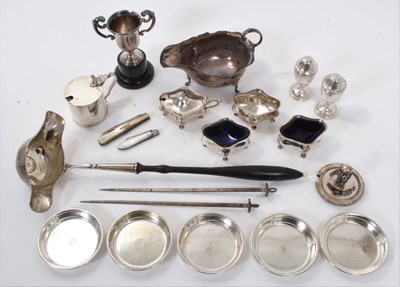 Lot 353 - George V silver sauce boat (Birmingham 1913), maker Asprey, together with silver mustard pots, salt cellars, fruit knives and other items (various dates and makers) 21.5ozs of weighable silver.