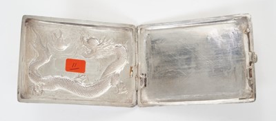 Lot 344 - Late 19th/early 20th century Chinese silver cigarette case of rectangular form with a raised Dragon chasing the pearl and engraved POP, the rear engraved Mr H G Johnson, silver gilt interior stampe...