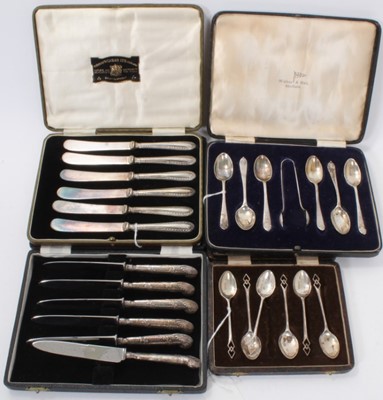 Lot 354 - Set of six George V silver coffee spoons, (Birmingham 1933), maker William Adams Ltd, in a fitted case, together with another set of six silver teaspoons and matching sugar tongs in a fitted case a...