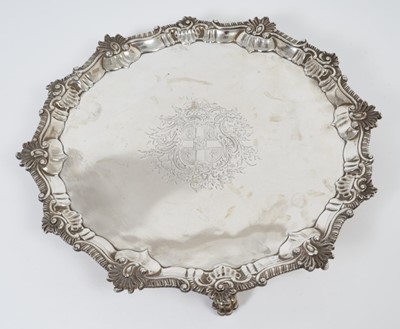 Lot 377 - George III silver salver of circular form with cast shell, scroll and gadrooned border