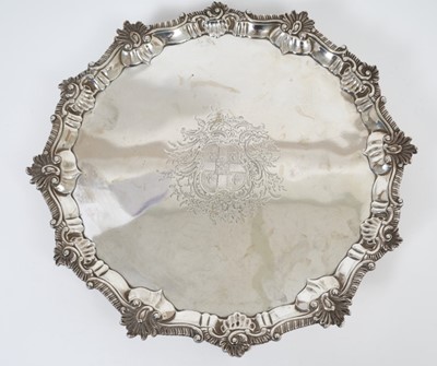 Lot 377 - George III silver salver of circular form with cast shell, scroll and gadrooned border