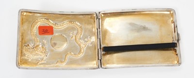Lot 346 - Late 19th/early 20th century Chinese white metal cigarette case, the cover with raised Dragon decoration and vacant cartouche, the rear with matt finish and engraved presentation inscription, silve...