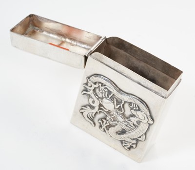 Lot 348 - Late 19th/early 20th century Chinese silver cigarette box of plain rectangular form, the front panel with raised Dragon decoration, underside stamped "Sterling" All at approximately 3ozs. 7.7cm ove...