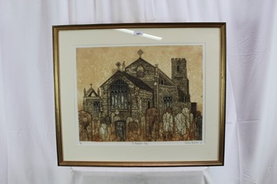Lot 1021 - *Valerie Thornton (1931-1991) signed limited edition etching and aquatint - St Margaret's, Cley, 37/70, dated '73, 42cm x 54cm, in glazed frame