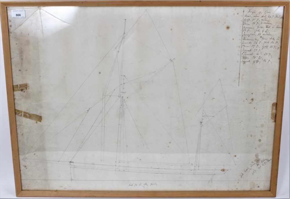 Lot 866 - 'Pride of Essex': an original sail and spar sketch plan for a 'Well smack, built 1877' East Dockyard, Colchester, Harwich Harbour No. HH308, glazed frame, 59 x 81cm