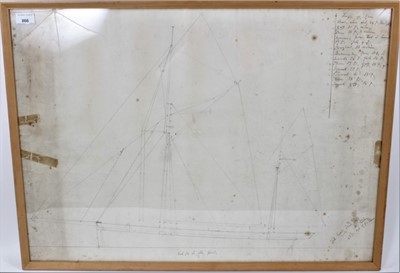 Lot 866 - 'Pride of Essex': an original sail and spar sketch plan for a 'Well smack, built 1877' East Dockyard, Colchester, Harwich Harbour No. HH308, glazed frame, 59 x 81cm