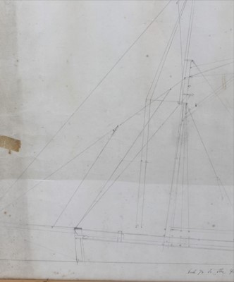 Lot 866 - 'Pride of Essex': an original sail and spar sketch plan for a 'Well smack, built 1877' East Dockyard, Colchester, Harwich Harbour No. HH308, glazed frame, 59 x 81cm