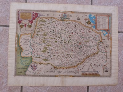 Lot 864 - Saxton Christopher: Very rare 1574 hand-coloured engraved map of Norfolk, the first map ever produced of Norfolk and believed to be the first in Saxton's series of county maps - 'Norfolciae comitat...